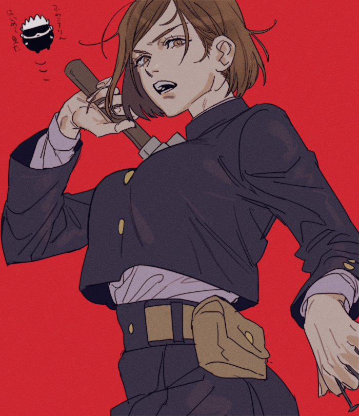 1boy, 1girl, belt, black_jacket, black_pants, blindfold, breasts, brown_belt