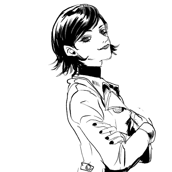 1girl, closed_mouth, coat, crossed_arms, greyscale, jacket, looking_at_viewer, monochrome