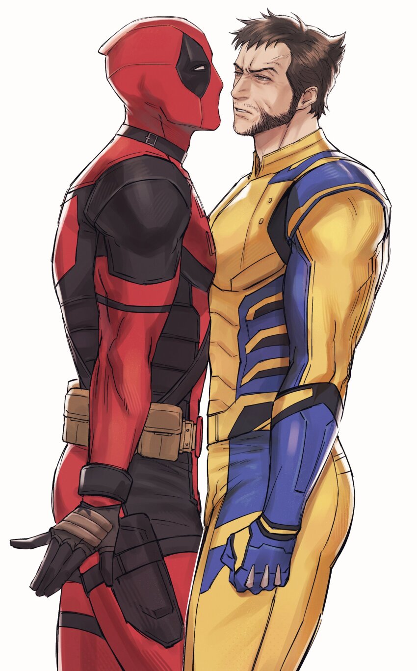 2boys, absurdres, anger_vein, ass, beard, belt, blue_gloves, bodysuit