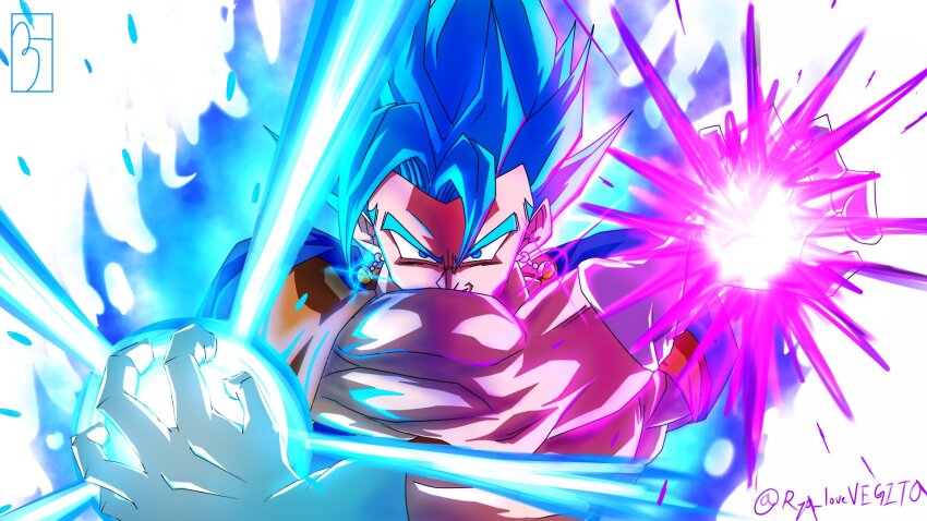 1boy, aura, blue_eyes, blue_hair, blue_shirt, dougi, dragon_ball, dragon_ball_super, dragon_ball_z_dokkan_battle, earrings, gloves, highres, jewelry, male_focus, medium_hair, muscular, muscular_male, orange_shirt, potara_earrings, ryo_lovevegito, shirt, simple_background, solo, spiked_hair, super_saiyan, super_saiyan_blue, upper_body, vegetto, white_background, white_gloves