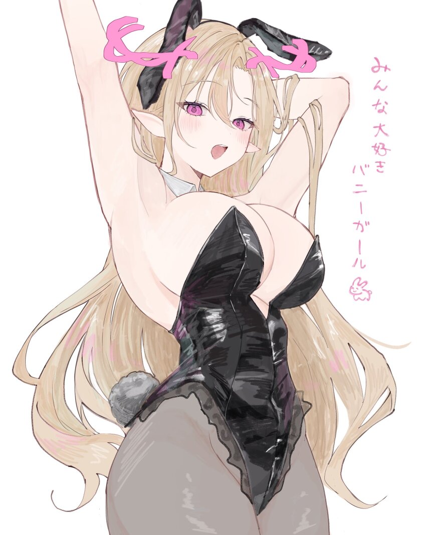 1girl, animal_ear_hairband, animal_ears, arm_behind_head, armpits, arms_up, black_leotard, blonde_hair