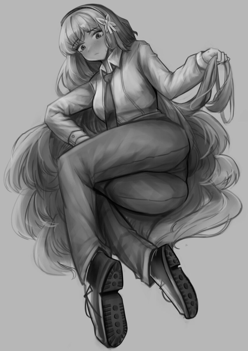 1girl, absurdres, ass, bow, collared_shirt, faded_brush, greyscale, hair_bow, hairband, hand_up, highres, ishmael_(project_moon), limbus_company, long_hair, long_sleeves, looking_at_viewer, lying, monochrome, on_side, pants, project_moon, shirt, shoes, sidelocks, simple_background, solo, very_long_hair