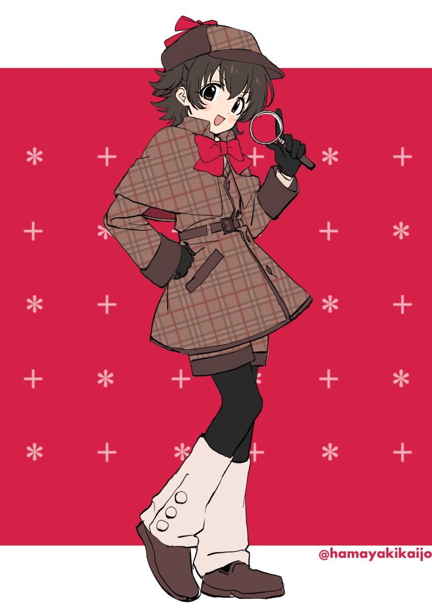 1girl, black_gloves, black_hair, bow, bowtie, character_request, coat, copyright_request