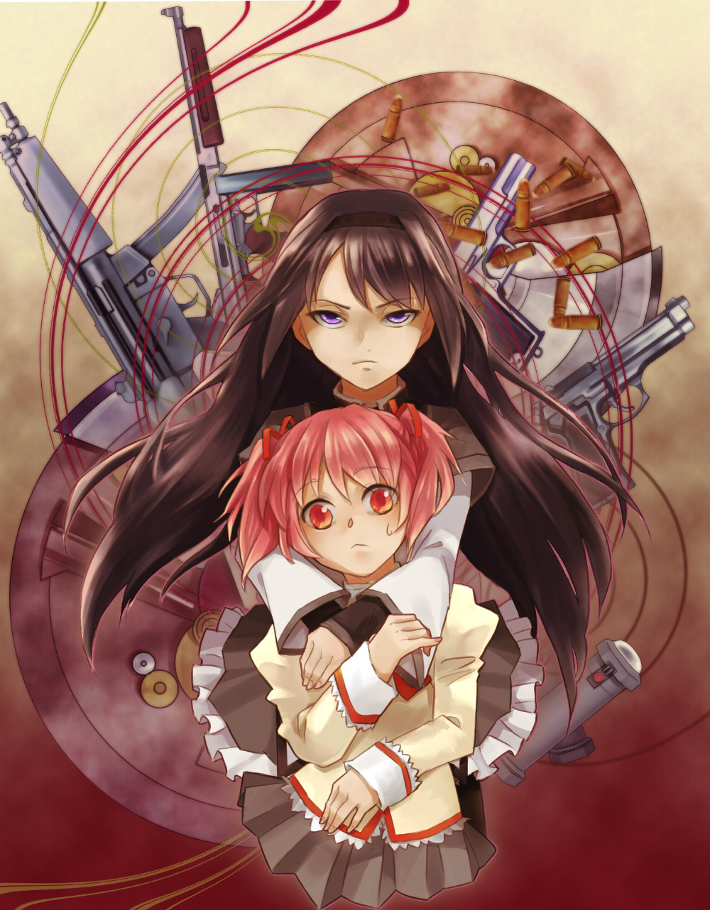 10s, 2girls, akemi_homura, akemi_homura_(magical_girl), bad_id, bad_pixiv_id, beretta_92, black_hair, bomb, bullet, explosive, fujino_(artist), gears, gun, h&amp;k_mp5, hairband, handgun, heckler_&amp;_koch, highres, hug, kaname_madoka, long_hair, magical_girl, mahou_shoujo_madoka_magica, mahou_shoujo_madoka_magica_(anime), multiple_girls, multiple_weapons, pantyhose, pink_eyes, pink_hair, pistol, pleated_skirt, ribbon, school_uniform, short_twintails, skirt, submachine_gun, thompson_submachine_gun, twintails, weapon