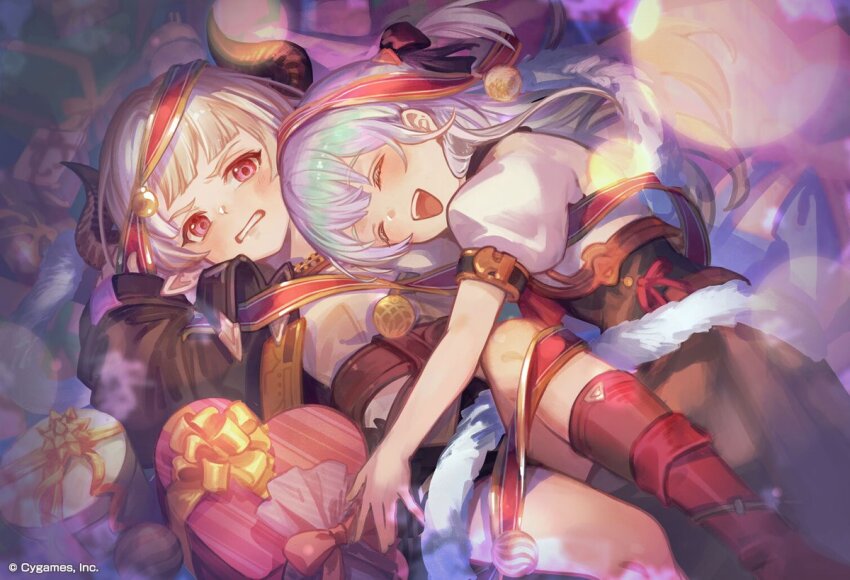 2girls, :d, aged_down, blunt_bangs, blush, boots, christmas, clenched_teeth