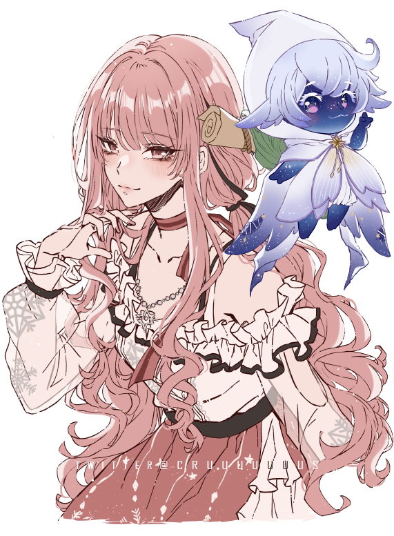 1boy, 1girl, blue_skin, choker, closed_mouth, colored_skin, commentary, criis-chan, dress, english_commentary, faewish_sprite, floating, frilled_dress, frilled_sleeves, frills, giroda_(infinity_nikki), hand_up, infinity_nikki, long_sleeves, looking_at_viewer, low_twintails, nikki_(nikki), nikki_(series), off-shoulder_dress, off_shoulder, pink_choker, pink_dress, pink_eyes, pink_hair, ribbon_choker, scroll, simple_background, smile, twintails, twitter_username, wavy_hair, white_background, white_dress, white_hair, white_hood