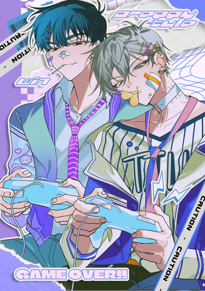 2boys, absurdres, alien_stage, alternate_costume, aqua_eyes, artist_name, bandaid, bandaid_on_face