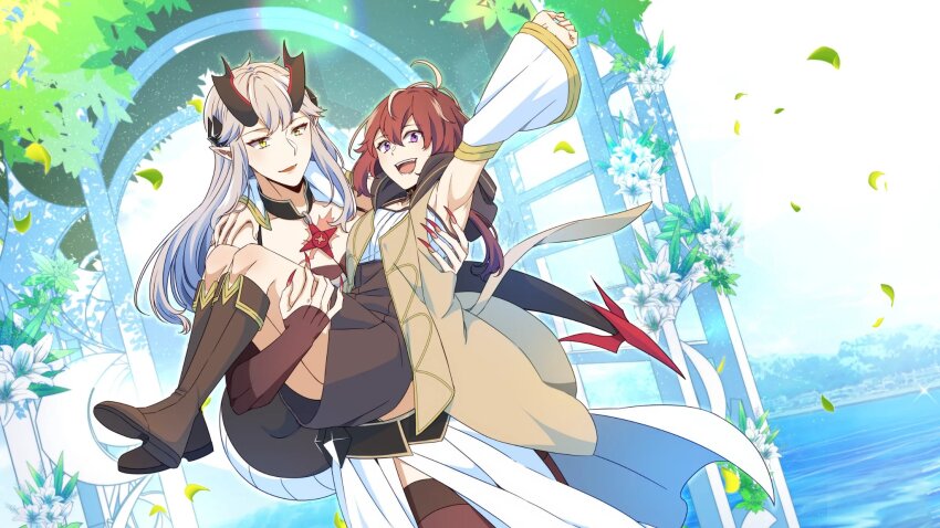 2girls, ahoge, amulet, armpits, belt, black_belt, black_boots, black_choker