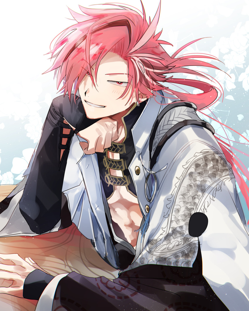 1boy, black_kimono, blush, buttons, commentary_request, dragon_print, earclip, earrings