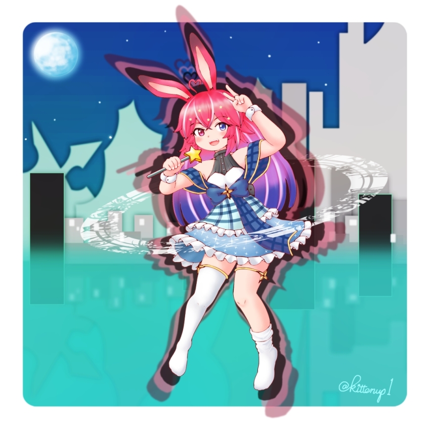 1girl, animal_ears, asayuba, black_shirt, blue_bow, blue_eyes, blue_skirt, blue_sky