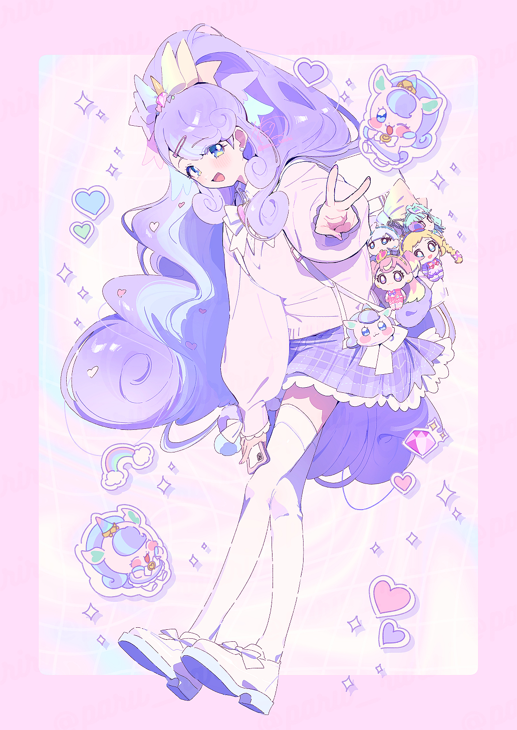 1girl, animal, backpack, bag, blue_eyes, blue_hair, border, bow