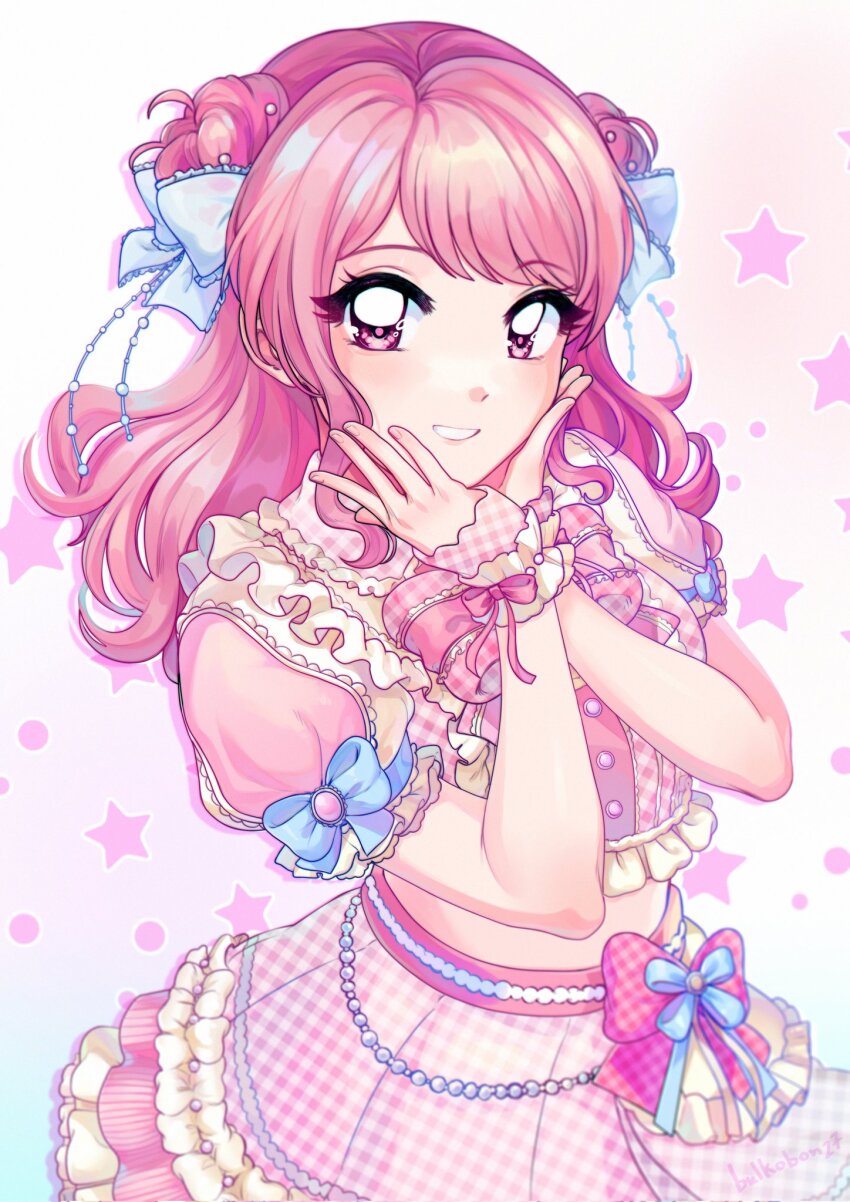 1girl, bang_dream!, bang_dream!_girls_band_party!, bow, bulkobon, double_bun, frilled_skirt, frilled_sleeves