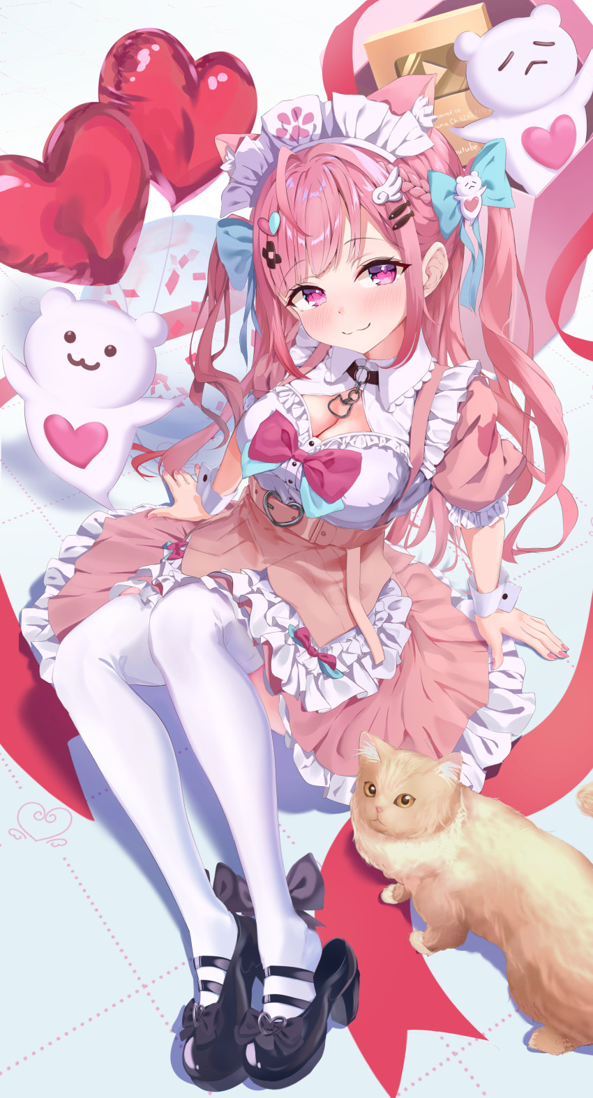 1girl, :3, absurdres, ahoge, animal_ear_fluff, animal_ears, ankle_bow, ankle_ribbon