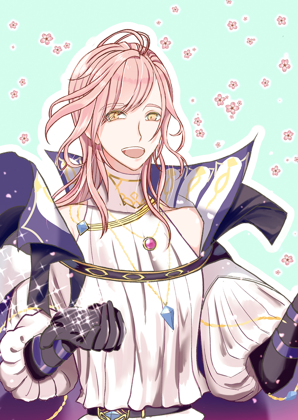 1boy, black_gloves, blue_background, cape, clothing_cutout, commentary_request, flower, gem