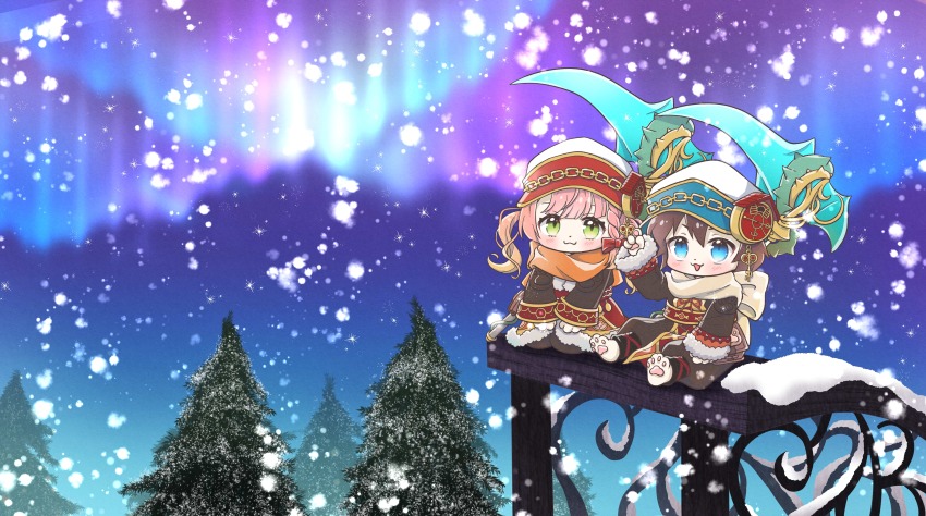 1boy, 1girl, :3, absurdres, animal_hands, aurora, barefoot, black_coat