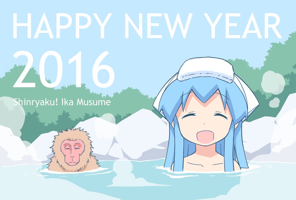 1girl, 2016, ^_^, anbe_masahiro, animal, blue_hair, chinese_zodiac, closed_eyes