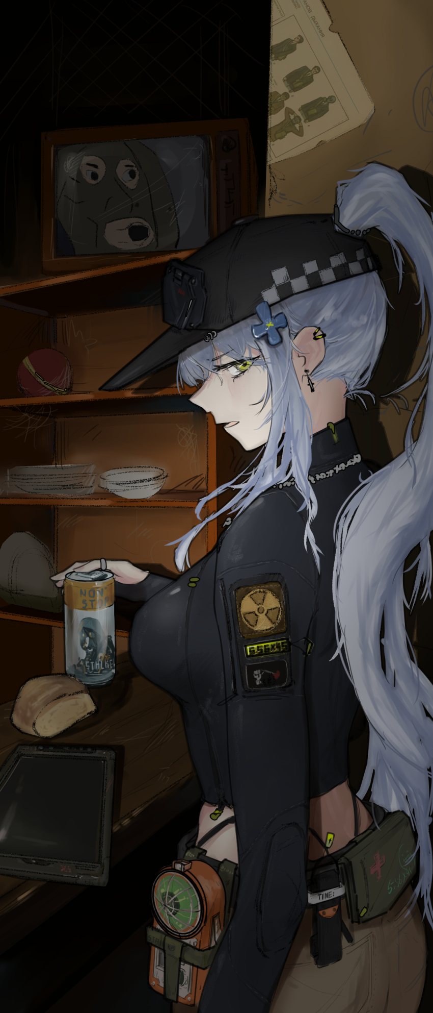 1girl, absurdres, blue_hair, bread, can, earrings, food, from_side