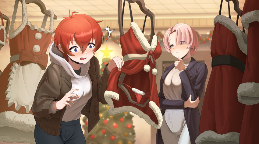 2girls, absurdres, arimura_mao, black_coat, blue_eyes, blush, breasts, brown_coat