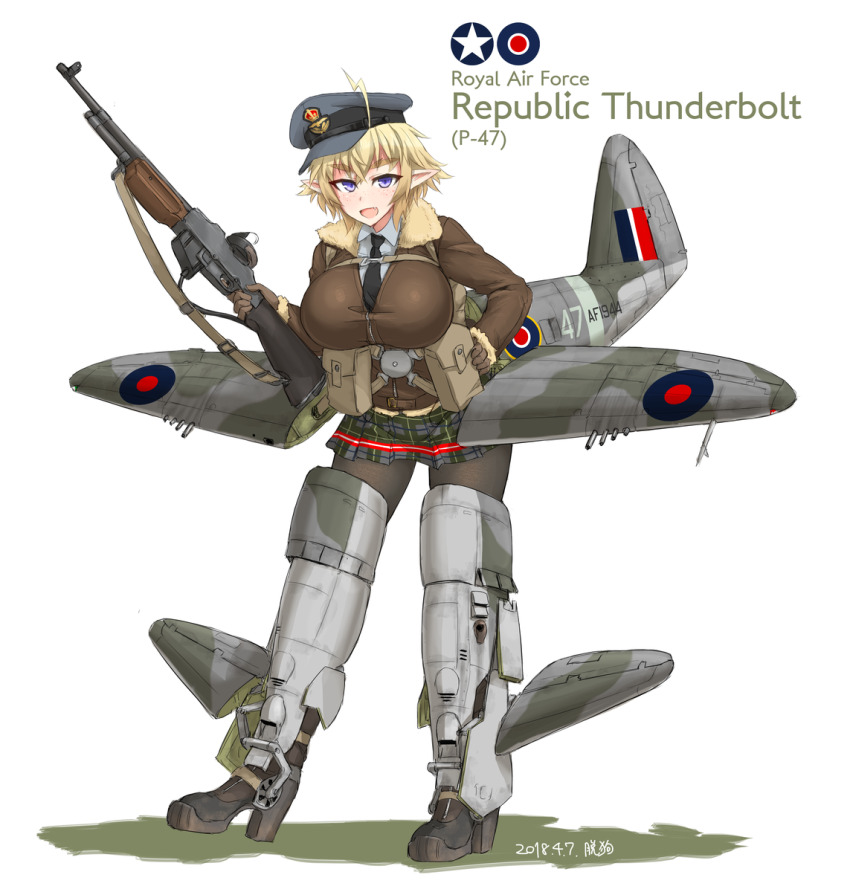 1girl, ahoge, ammunition_pouch, blonde_hair, blue_hat, blue_shirt, bomber_jacket, boots