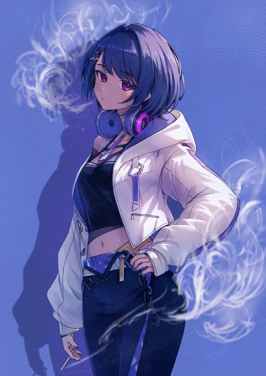 1girl, absurdres, armillarphere_v, belt, breasts, choker, cigarette, collarbone