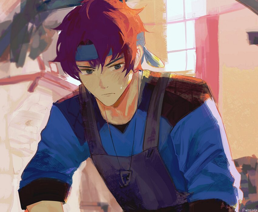 1boy, apron, artist_name, black_apron, black_headband, closed_mouth, commentary, english_commentary