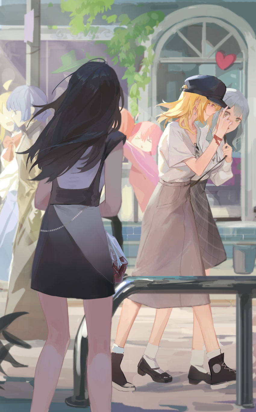 >_<, 6+girls, absurdres, ahoge, bang_dream!, bang_dream!_it's_mygo!!!!!, baseball_cap, black_dress