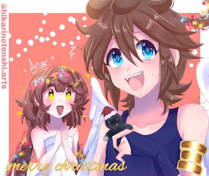 1boy, 1girl, :d, adapted_costume, androgynous, angel, angel_wings, armlet