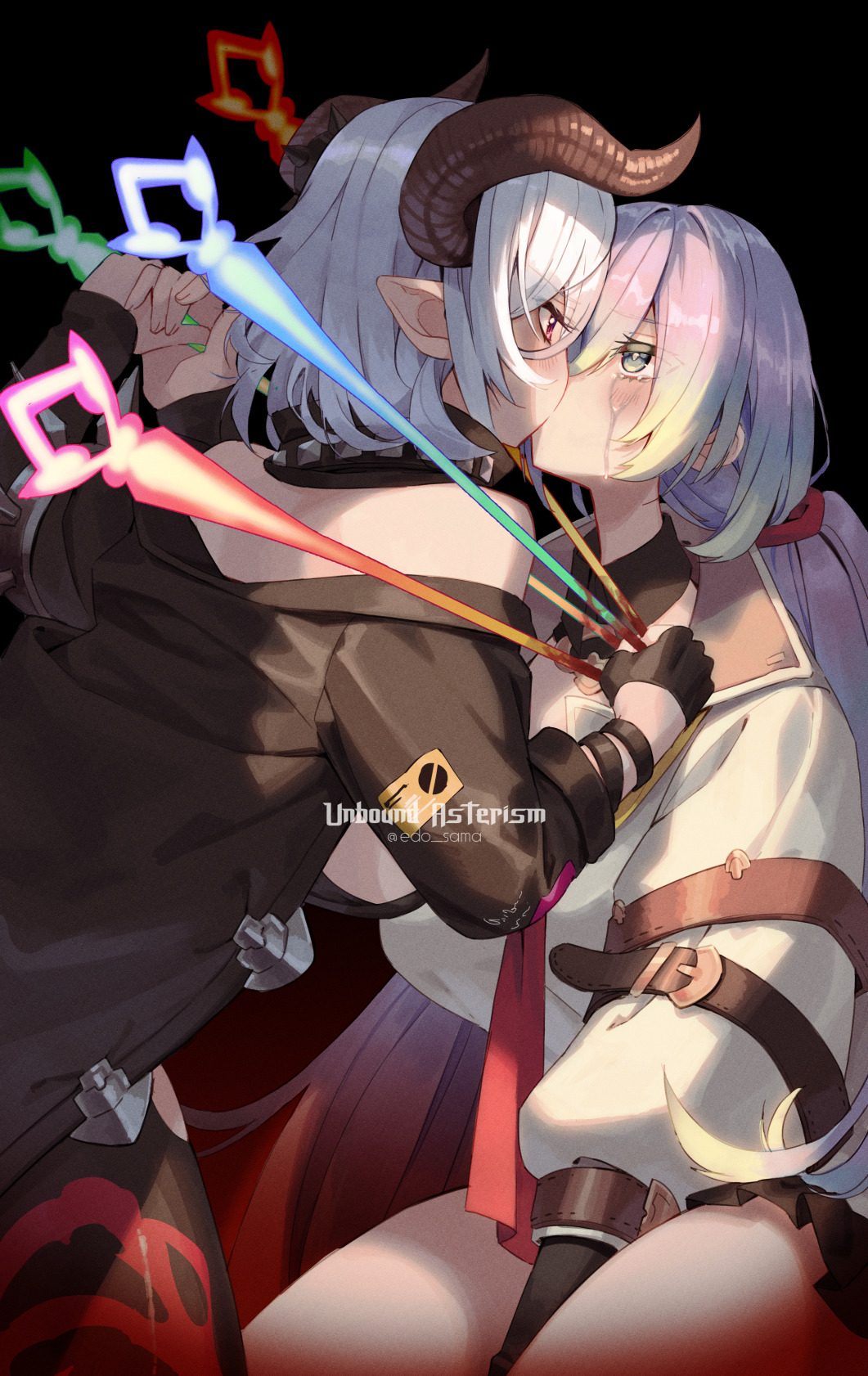 2girls, arrow_(projectile), arrow_through_heart, black_background, blood, bracelet, commentary, crying