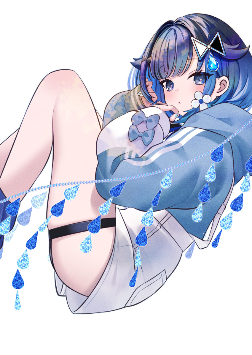bare_legs, blue_eyes, blue_hair, blue_hoodie, blue_nails, blue_ribbon, blush, bob_cut