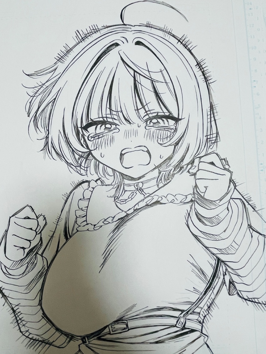 1girl, ahoge, akiyama_enma, arm_warmers, blush, bouncing_breasts, breasts, chest_harness