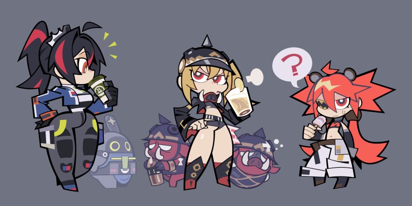 3girls, ?, animal_ears, bangboo_(zenless_zone_zero), bear_ears, black_gloves, black_hair, black_jacket, black_pants, black_shorts, blonde_hair, blue_jacket, breasts, chibi, closed_mouth, commentary, cup, detached_sleeves, disposable_cup, english_commentary, eyepatch, food, gloves, grey_background, hair_ornament, hand_on_own_hip, helmet, highres, hillmyna, holding, holding_cup, jacket, koleda_belobog, long_hair, luciana_de_montefio, mask, mask_around_neck, multicolored_hair, multiple_girls, open_clothes, open_jacket, pants, parody, parted_lips, popsicle, red_eyes, red_hair, safety_(zenless_zone_zero), short_shorts, shorts, side_ponytail, simple_background, sphere_hair_ornament, spoken_question_mark, style_parody, sweat, zenless_zone_zero, zhu_yuan