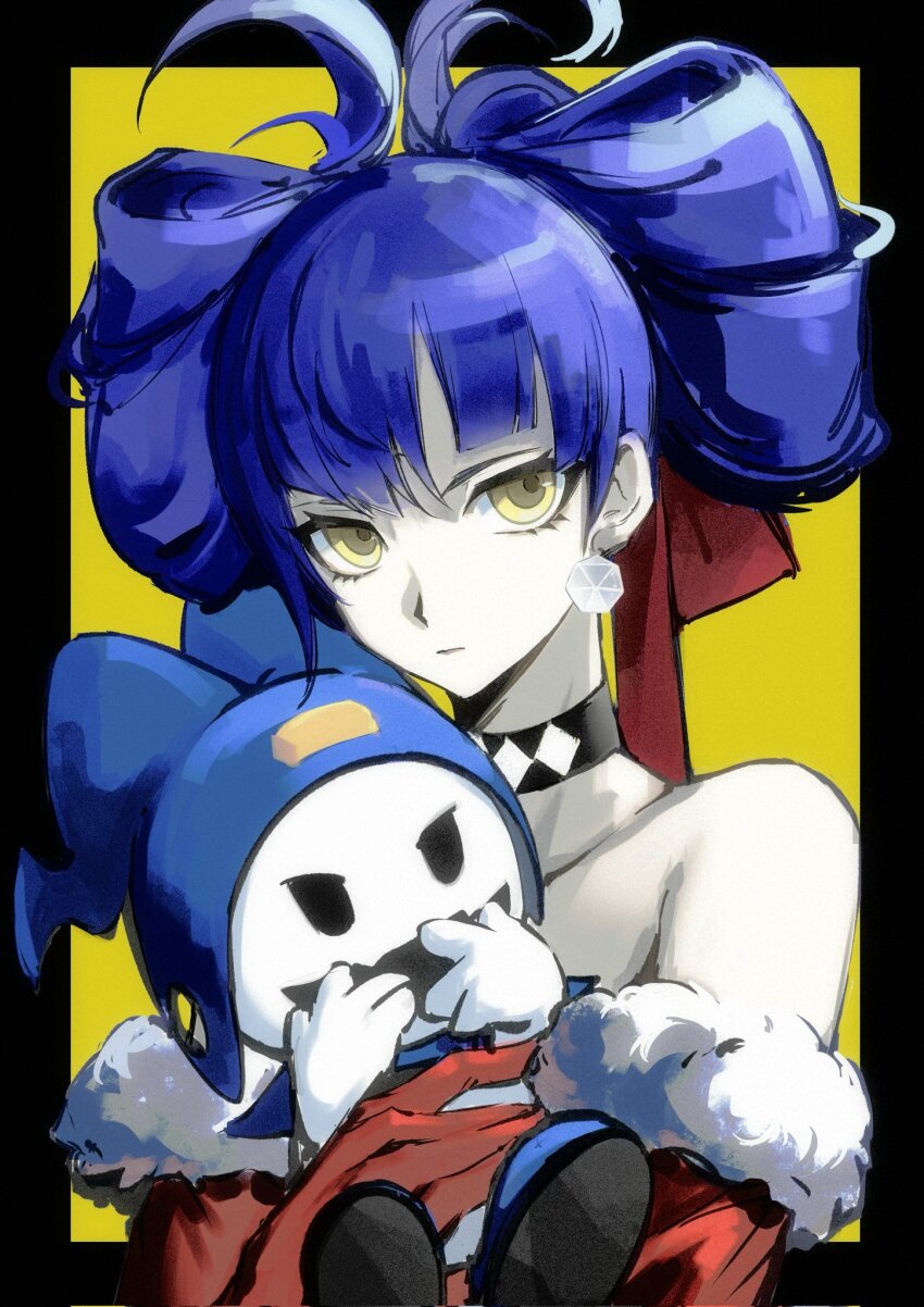 1boy, alternate_hairstyle, androgynous, anxilotus, black_border, blue_hair, border, closed_mouth, commentary, crossdressing, crossdressing_(mtf), demon_(megami_tensei), english_commentary, eyelashes, highres, jack_frost_(megami_tensei), looking_at_viewer, male_focus, outside_border, protagonist_(aogami_nahobino)_(smtv), protagonist_(smtv), shin_megami_tensei, shin_megami_tensei_v, v-shaped_eyebrows, yellow_background, yellow_eyes