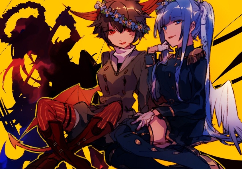 2girls, angel, angel_wings, blue_hair, brown_hair, demon_girl, demon_horns, demon_tail, funamusea, head_wreath, horns, ltra_marine, military_uniform, multiple_girls, ponytail, radishcarbon, tail, ver_million_(funamusea), wings