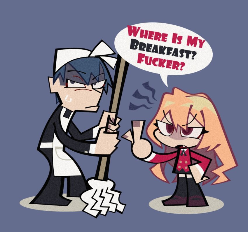 1boy, 1girl, aisaka_taiga, apron, black_thighhighs, blonde_hair, blue_background, blue_hair, chibi, closed_mouth, commentary, english_text, fang, hair_between_eyes, hand_on_own_hip, hillmyna, holding, holding_mop, long_hair, long_sleeves, middle_finger, mop, oohashi_high_school_uniform, profanity, school_uniform, shaded_face, simple_background, standing, sweat, untranslatable_commentary, takasu_ryuuji, thighhighs, toradora!, very_long_hair, white_apron