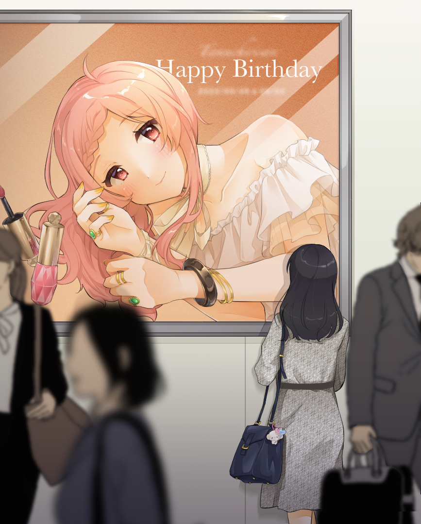 1boy, 1girl, 3girls, ahoge, animal_charm, armlet, bag, bare_shoulders, belt, belted_dress, black_jacket, black_pants, black_suit, blue_bag, blue_hair, blurry, blurry_text, blush, bow, bowtie, bracelet, braid, braided_bangs, brown_bag, charm_(object), closed_mouth, cosmetics, depth_of_field, dress, floral_print, formal_clothes, frilled_dress, frills, from_behind, from_side, gold_bracelet, gold_ring, grey_belt, grey_dress, happy_birthday, holding, holding_bag, jacket, jewelry, lli7chi, long_dress, looking_at_viewer, looking_up, lying_on_hand, makeup, mascara, medium_hair, multiple_bracelets, multiple_girls, multiple_rings, nail_polish, nail_polish_bottle, nishizono_honoka, on_wall, open_clothes, open_jacket, outdoors, pants, people, picture_frame, pink_eyes, pink_hair, print_dress, ring, short_hair, simple_background, sleeveless, sleeveless_dress, smile, solo_focus, standing, suit, suit_jacket, tokyo_7th_sisters, walking, white_bow, white_dress