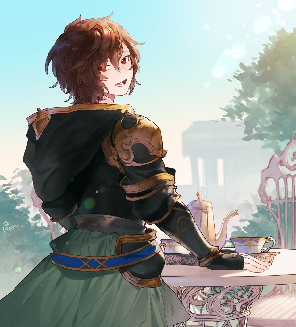1boy, :d, armor, artist_name, brown_hair, cape, chair, commentary_request