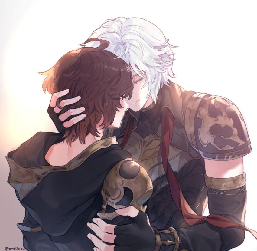 2boys, ahoge, armor, artist_name, blush, bracelet, breastplate, brown_hair