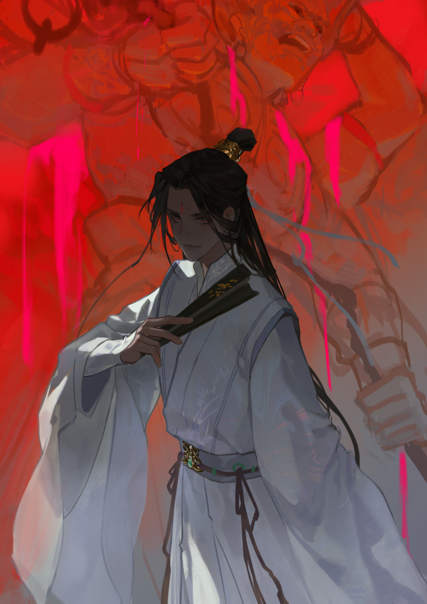 1boy, absurdres, bindi, brown_hair, chinese_commentary, closed_mouth, cowboy_shot, demon