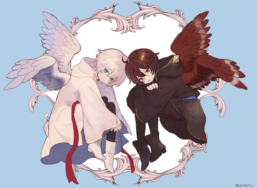 2boys, :3, aged_down, ahoge, belt, black_robe, blue_background, blue_belt