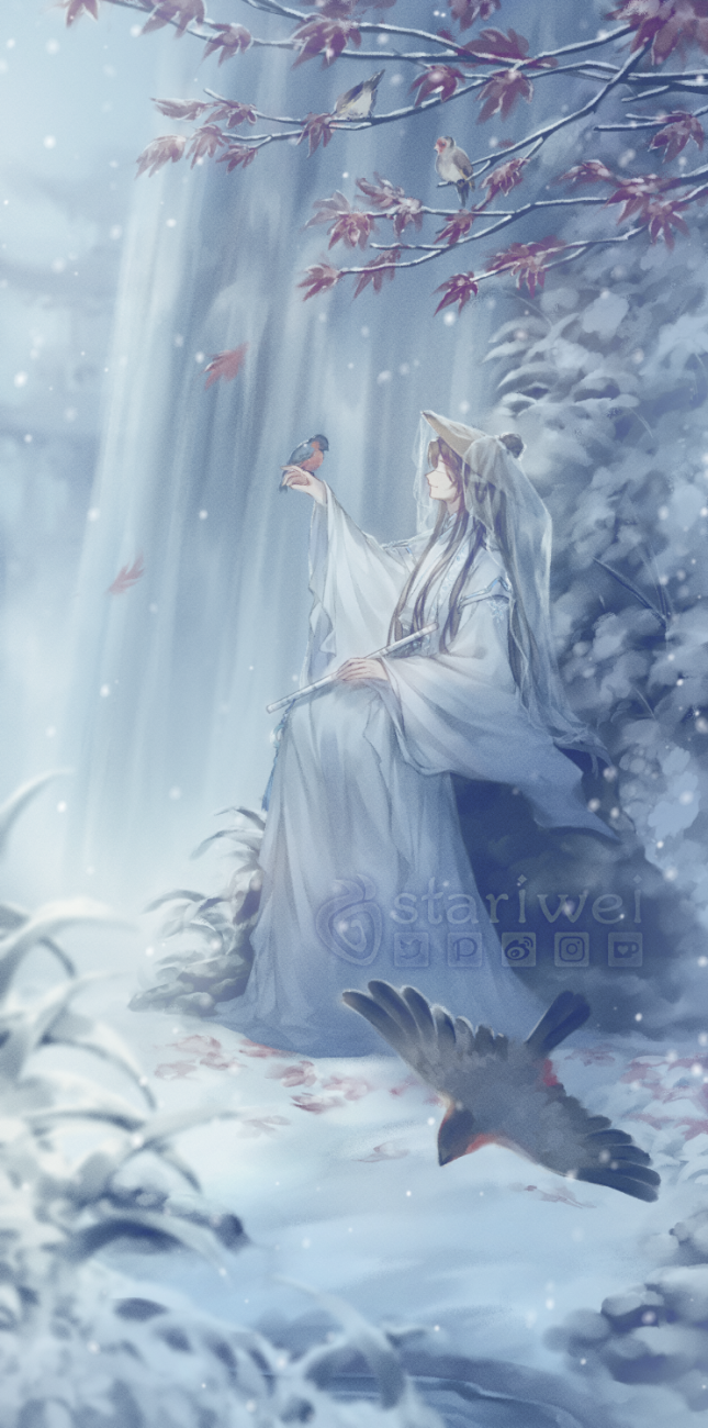 1boy, architecture, artist_name, bird, bird_on_hand, blindfold, blurry, blurry_background, blurry_foreground, brown_hair, building, chinese_clothes, closed_mouth, commentary, east_asian_architecture, english_commentary, erha_he_ta_de_bai_mao_shizun, falling_leaves, flute, foliage, from_side, full_body, hair_bun, hanfu, highres, holding, holding_flute, holding_instrument, instrument, leaf, long_sleeves, male_focus, on_rock, rock, shi_mei, sitting, smile, snow, snowing, solo, stariwei, tree, veil, water, weimao, white_hanfu, white_veil, wide_sleeves