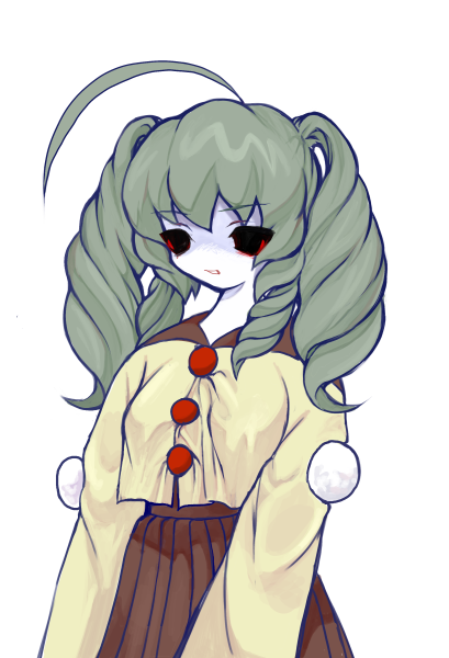 1girl, ahoge, black_eyes, breasts, colored_sclera, colored_skin, conja, drill_hair