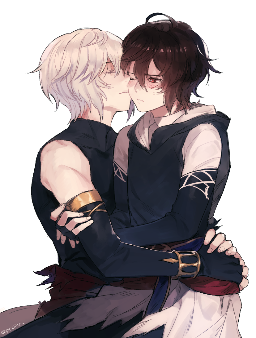 2boys, ahoge, blush, brown_hair, cape, closed_eyes, commentary_request, elbow_gloves, fingerless_gloves, gloves, granblue_fantasy, hair_between_eyes, hood, hug, kiss, lucifer_(shingeki_no_bahamut), male_focus, messy_hair, multiple_boys, partially_undressed, preline, red_eyes, sandalphon_(granblue_fantasy), short_hair, sitting, sitting_on_lap, sitting_on_person, sleeveless, sleeveless_turtleneck, smile, tsundere, turtleneck, white_background, white_cape, yaoi