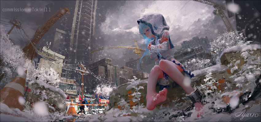 1girl, ankle_cuffs, ayaxno, bare_legs, barefoot, blue_eyes, blue_hair, building, car, chain, chinese_commentary, cloud, cloudy_sky, commission, crane_(machine), day, dress, from_below, grass, highres, holding, holding_umbrella, long_hair, motor_vehicle, original, outdoors, plant, power_lines, scenery, signature, sitting, sky, skyscraper, snowing, toes, torn_clothes, torn_dress, torn_hood, traffic_cone, tree, umbrella, utility_pole, white_dress, white_hood, wide_sleeves