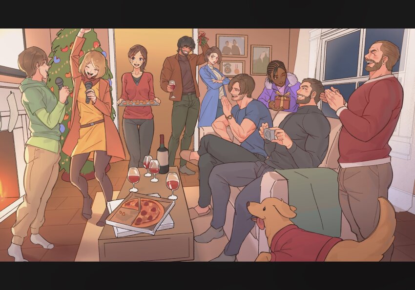 4boys, 5girls, alcohol, animal, ashley_graham, barry_burton, beard, black_hair