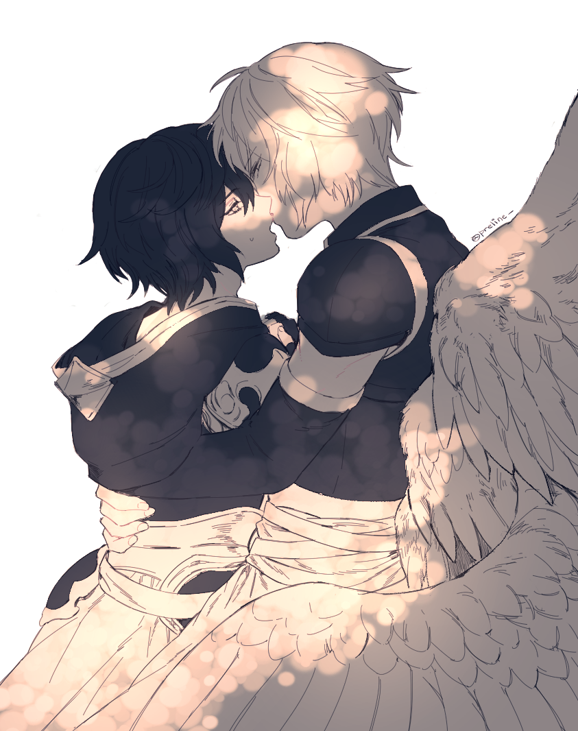 2boys, armor, brown_hair, commentary_request, cowboy_shot, dappled_sunlight, elbow_gloves, feathered_wings