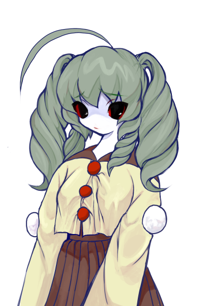 1girl, ahoge, black_eyes, breasts, colored_sclera, colored_skin, conja, drill_hair