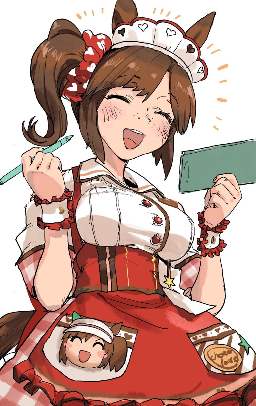 1girl, animal_ears, apron, blush, breasts, brown_hair, closed_eyes, collared_shirt, e-ncyo, facing_viewer, freckles, highres, holding, holding_notepad, holding_pen, horse_ears, horse_girl, horse_tail, ines_fujin_(melty_gift)_(umamusume), ines_fujin_(umamusume), maid_headdress, medium_breasts, notepad, notice_lines, open_mouth, pen, plaid_clothes, plaid_skirt, puffy_short_sleeves, puffy_sleeves, red_skirt, shirt, short_hair, short_sleeves, side_ponytail, skirt, smile, solo, tail, umamusume, upper_body, waist_apron, white_background, white_shirt, wrist_cuffs