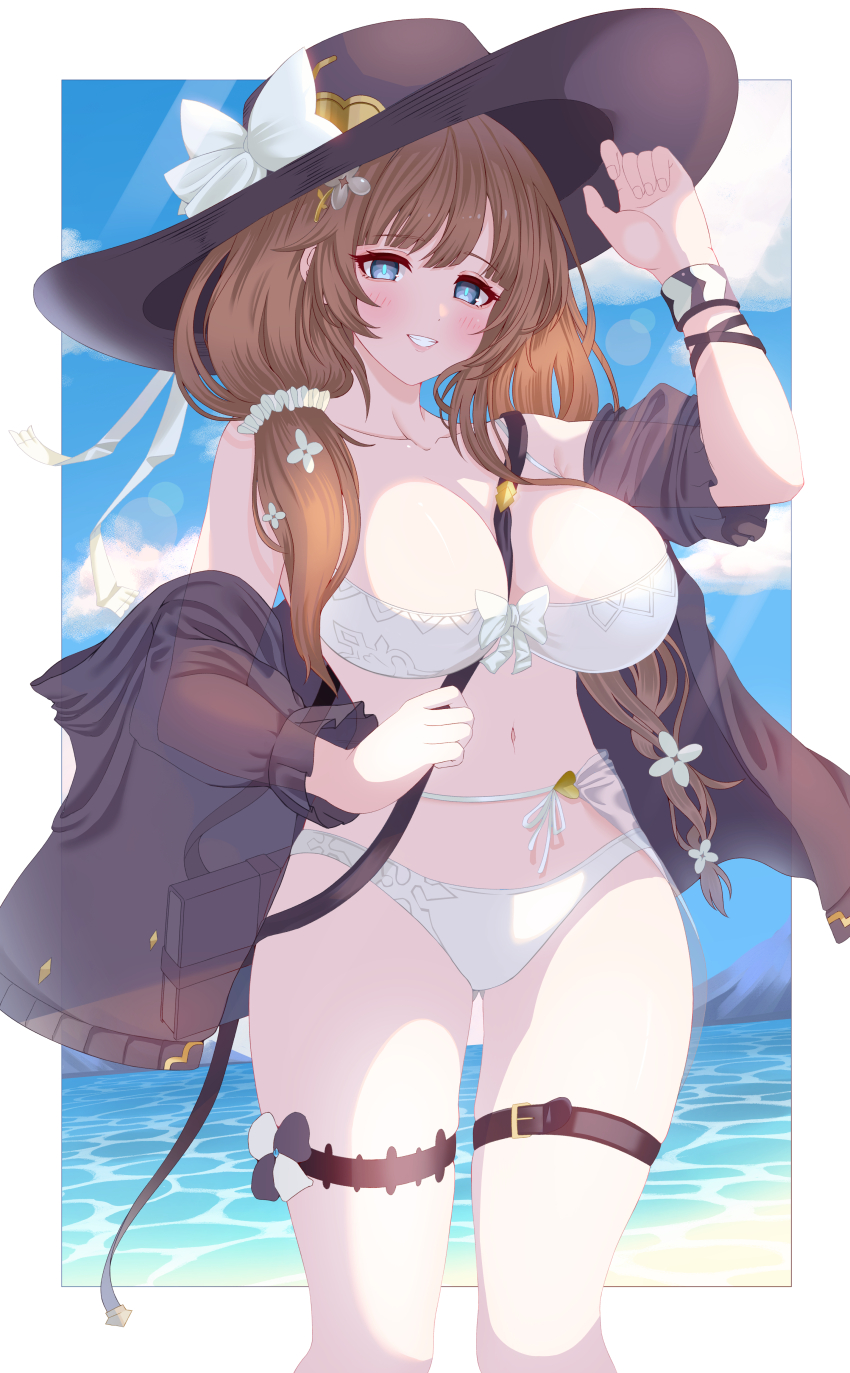 1girl, absurdres, bag, beach, bikini, black_jacket, blue_eyes, blue_sky, bracelet, breasts, brown_hair, cloud, cloudy_sky, commentary, cowboy_shot, curvy, flower, granblue_fantasy, hair_flower, hair_ornament, hat, hat_flower, highres, huge_breasts, jacket, jewelry, jjjjjj_(emgh7234), looking_at_viewer, low_twintails, ocean, off-shoulder_jacket, off_shoulder, raziel_(granblue_fantasy), raziel_(summer)_(granblue_fantasy), sarong, shoulder_bag, sky, smile, solo, sun_hat, swimsuit, thigh_strap, twintails, white_bikini, white_sarong