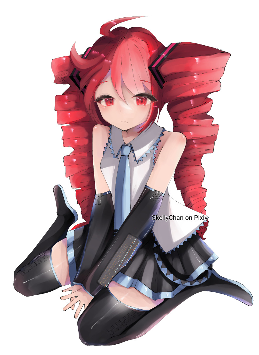 1girl, absurdres, ahoge, aqua_necktie, bare_shoulders, black_shoes, black_skirt, black_sleeves