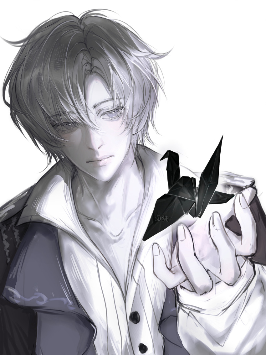 1boy, absurdres, black_capelet, buttons, capelet, chinese_commentary, closed_mouth, collarbone